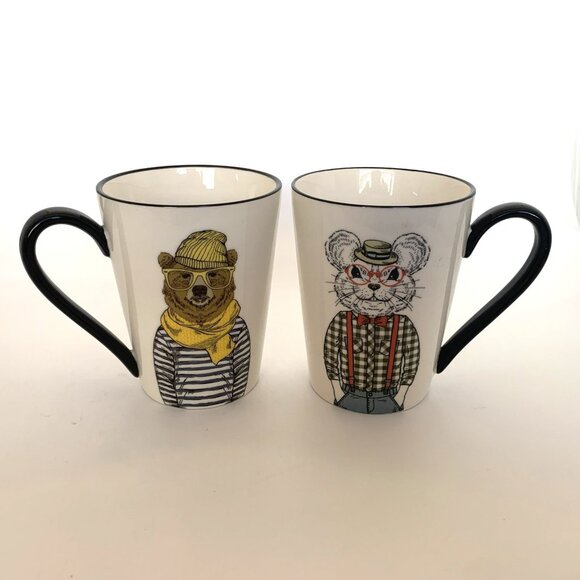 Lot of Two Hipster Coffee Tea Mugs Mouse Bear Signature Housewares Stoneware - Picture 1 of 7